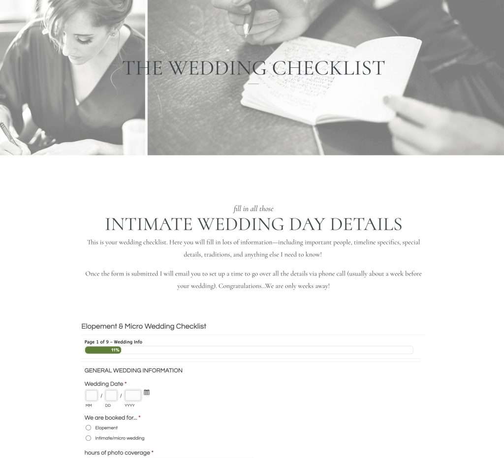 Screenshot of a webpage with a woman writing in a notebook and the title "the wedding checklist" above an embedded form for an elopement or micro wedding.