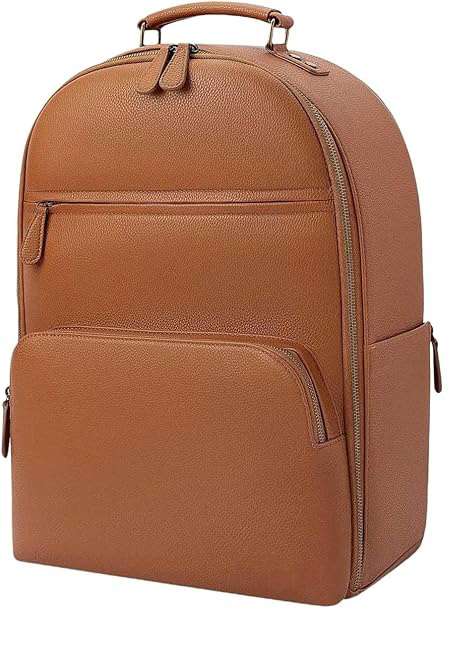 Tan leather Divvia backpack camera bag with a rounded top and several zippered compartments shown against a plain background. The clean design and structured shape highlight a minimal everyday look.