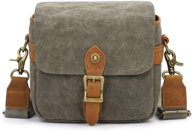 Photo of a vintage-inspired canvas camera bag with a unisex appeal. 