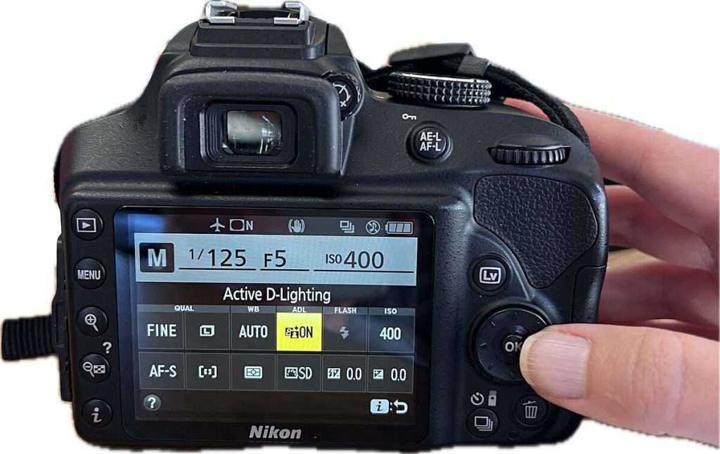 Camera screen displaying "Active D-Lighting" setting turned on with exposure details visible, demonstrating dynamic range control in camera settings for beginners.