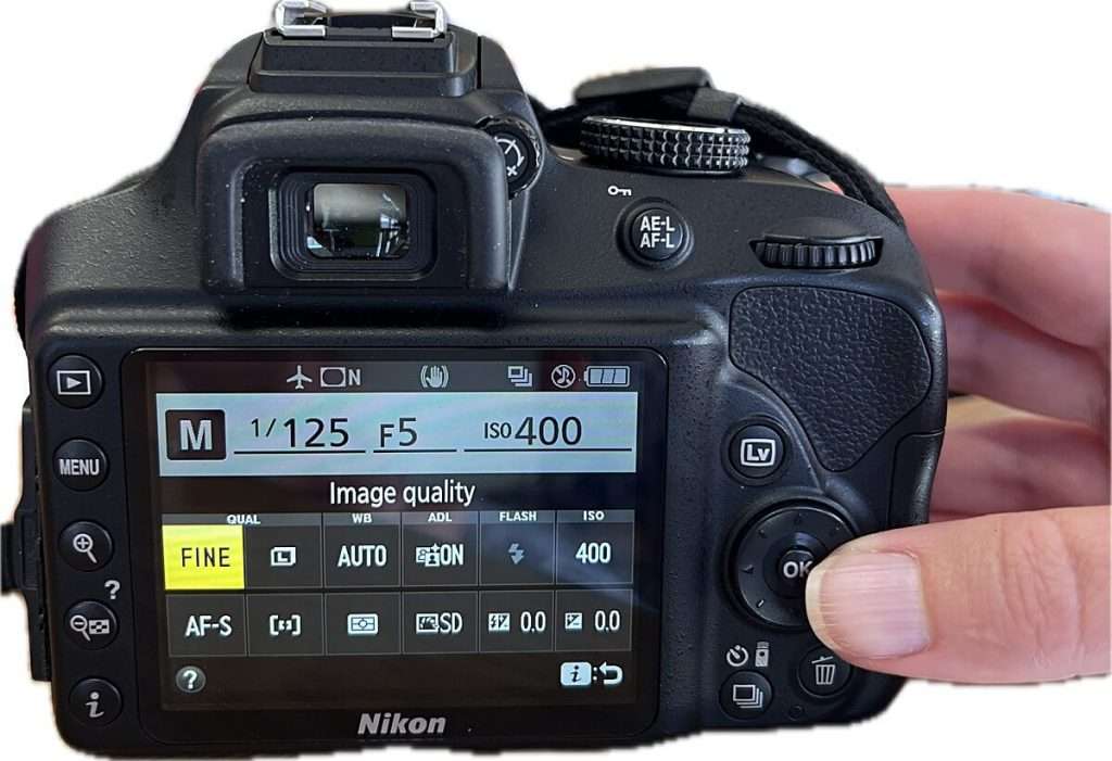 Back of a Nikon camera displaying image quality settings with options including "FINE" and "LARGE" visible on the screen while a hand holds the camera to demonstrate setup for camera settings for beginners.