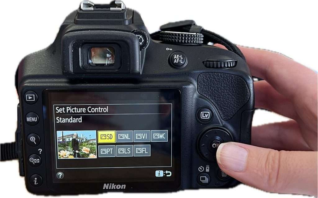 Camera screen displaying picture control set to "Standard" with options like "SD NL VI MC" visible, demonstrating color profile selection in camera settings for beginners.